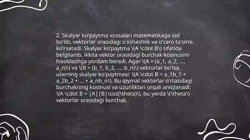 koordinatalari bilan berilgan vektorlarning skalyar vektor va aralasg ko'paytmalar tekislik va fazoda dekart koordinatalar sistemasini almashtirish 4