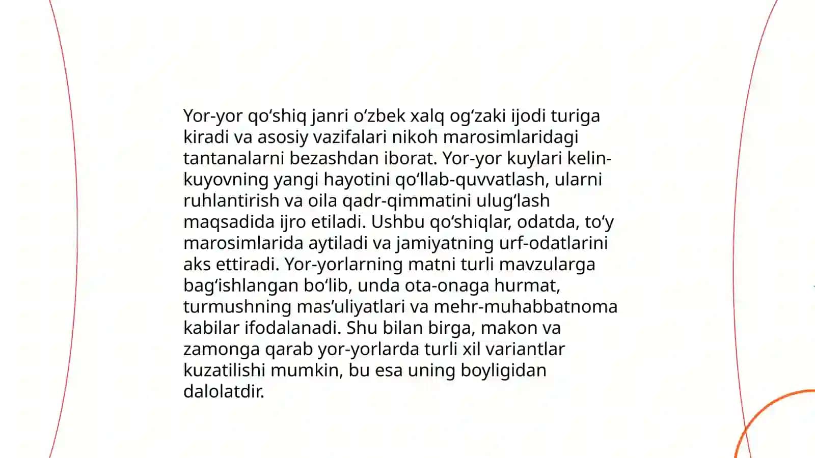 Oʻlan, yor-yor, kelinsalom va ashula kabi lirik qoʻshiq janrlarining xususiyatlari 4