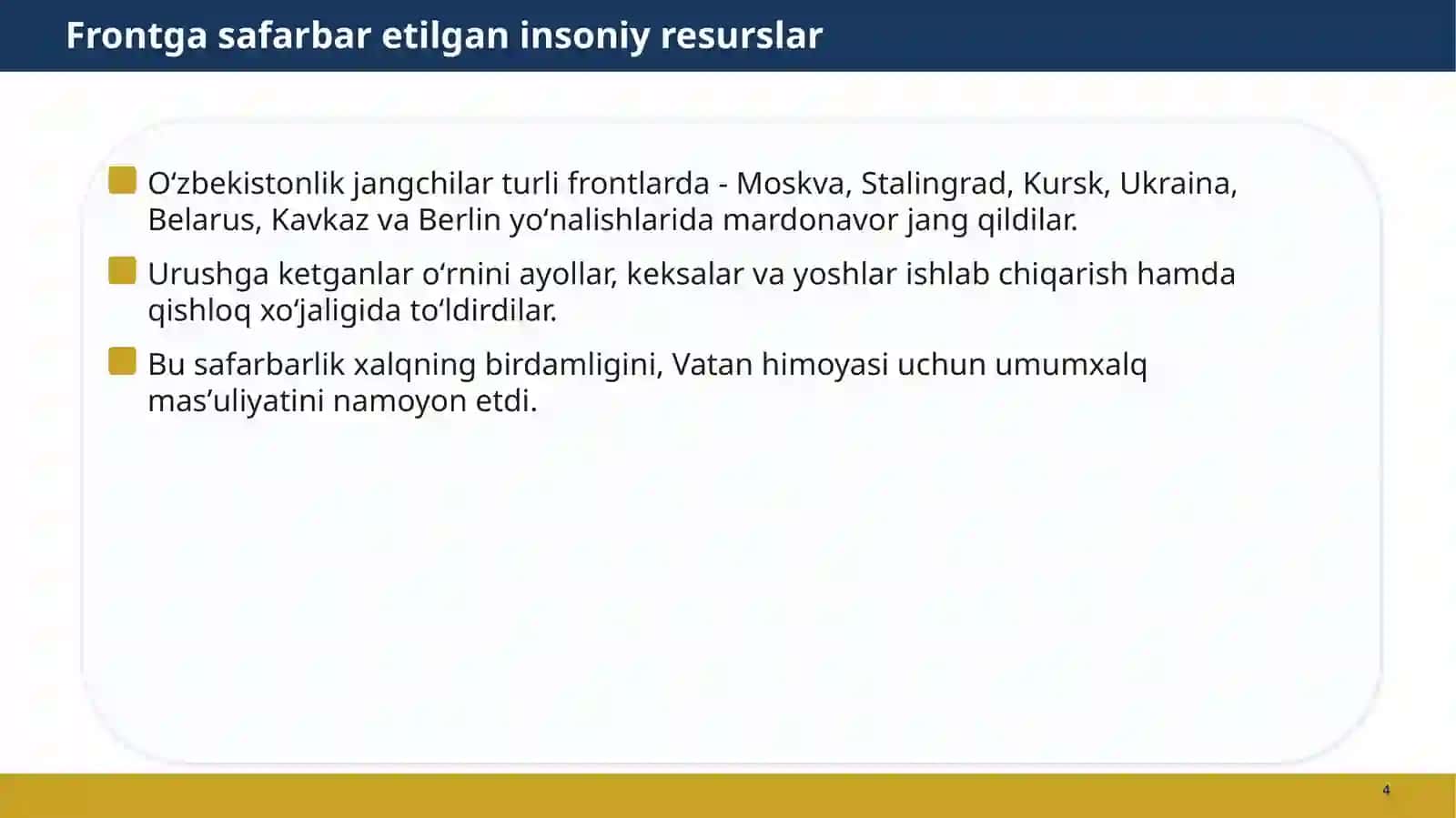 Oʻzbek xalqining fashizm ustidan qozonilgan gʻalabaga qoʻshgan hissasi 4