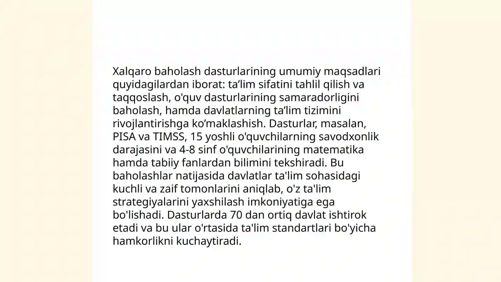 Xalqaro baholash dasturlarining maqsadi, mazmun sohalari hamda topshiriqlari, ularni baholash mezonlari 4