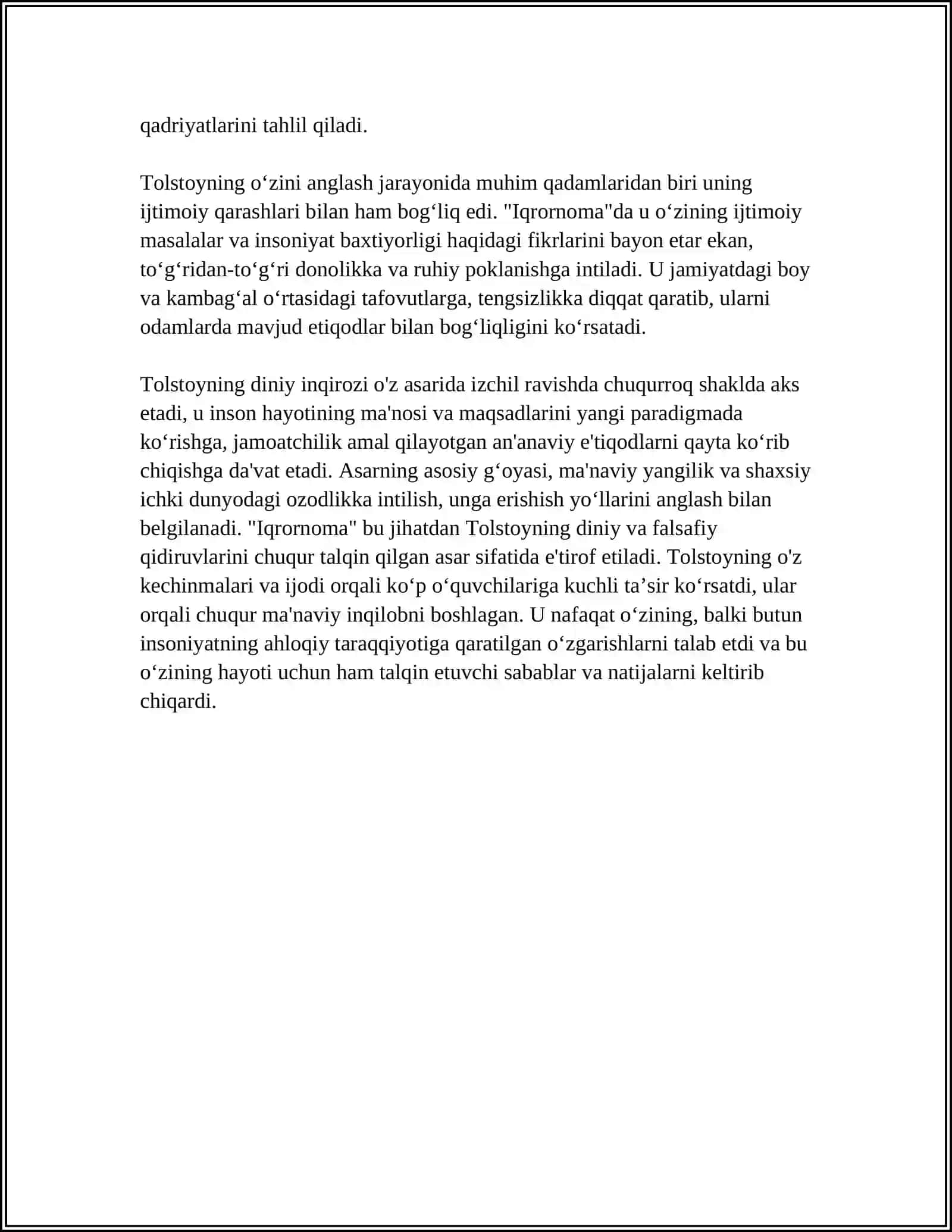 TOLSTOYNING "IQRORNOMA" ASARIDAGI DINIY E'TIQODLARNI TAHLIL ETISH 4