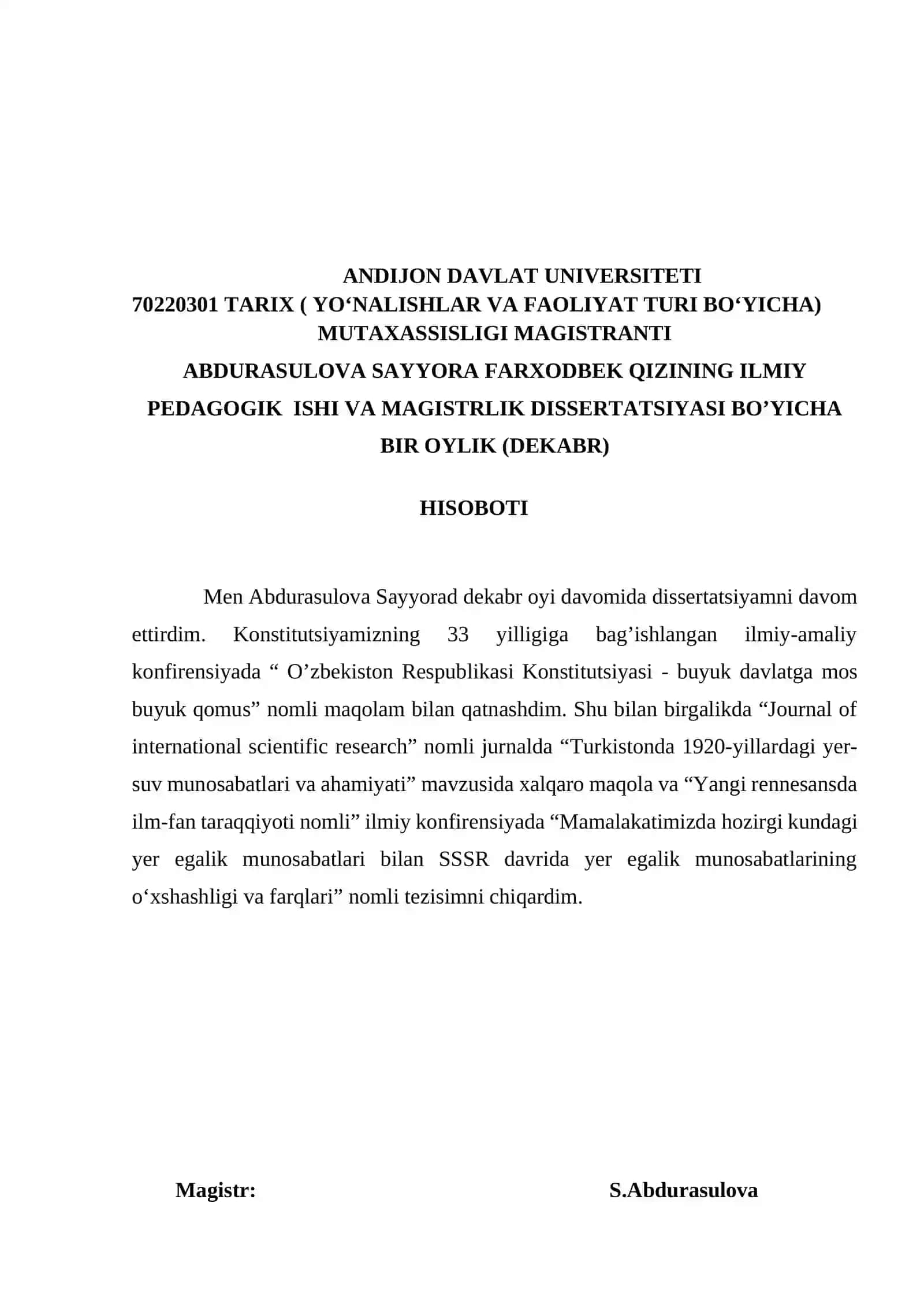 ABDURASULOVA SAYYORA FARXODBEK QIZINNING ILMIY PEDAGOGIK ISHI VA MAGISTRLIK DISSERTATSIYASI BO’YICHA BIR OYLIK (SENTABR) HISOBOTI 4