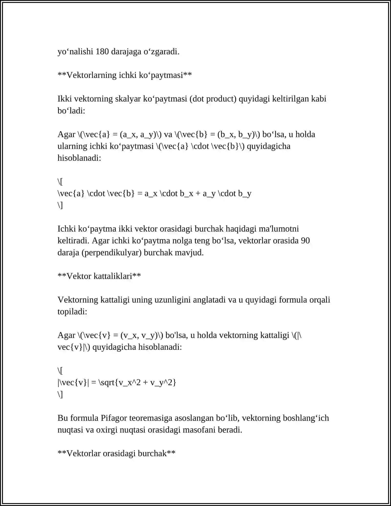 MUSTAQIL ISH Mavzu: BUNYOD: VEKTÒR KÒPAYTMANING GEOMETRIK MASALALAR YECHISHGATADBIQLARI LAPITAL QOIDASI QÒLLASH MUMKUN BÒLGAN HOLATLAR. FUNKSIYA DIFERENSILIDAN TAQRIBIY HISOBLASHDA FOYDALANISH 4