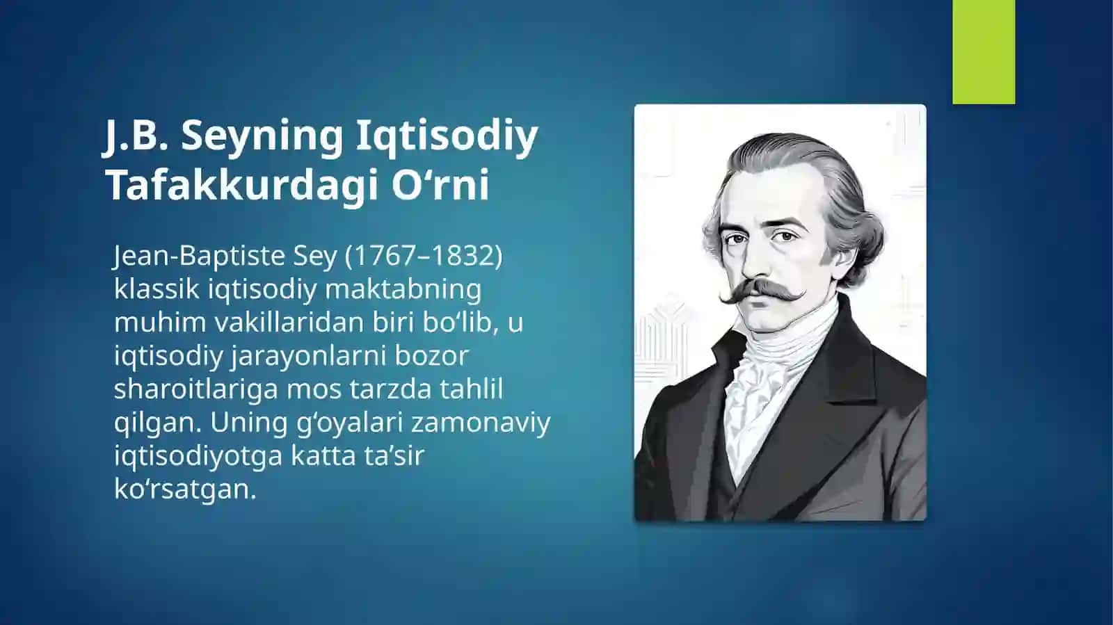 J.B.SEY UNING METODOLOGIYASI, QIYMATNING TAHLILI, ISHLAB CHIQARISHNING UCH OMILI (KAPITAL, YER, MEHNAT) VA KAPITALNING QIYMATI UNUMDORLIGI HAQIDAGI G’OYALAR 4