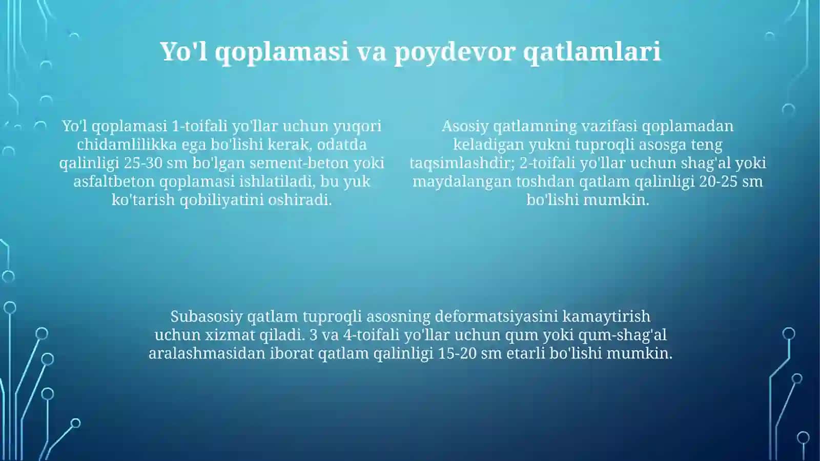 Avtomobil yo‘llari yo‘l elementlari va ularni toifalar bo‘yicha tahlili 4