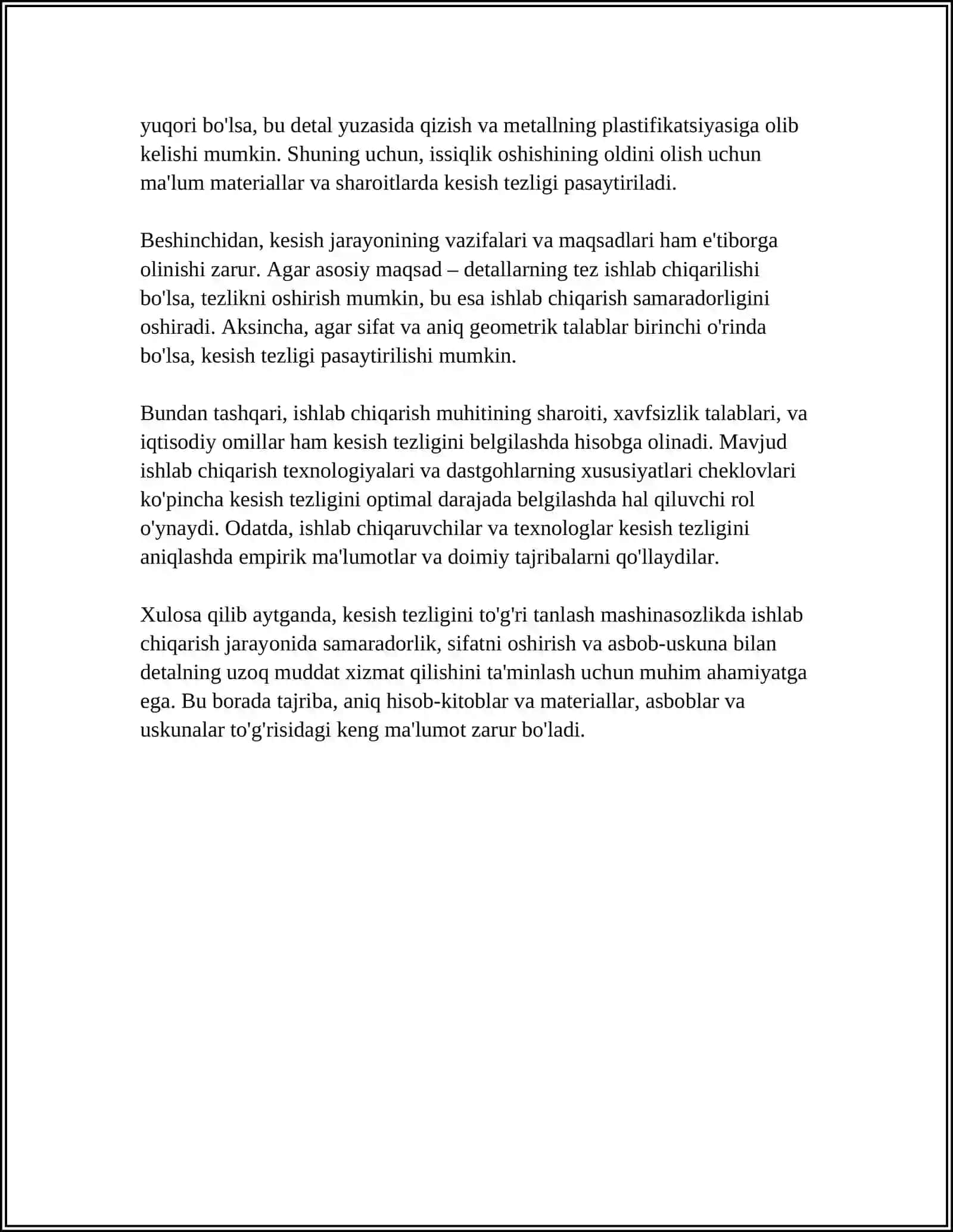 MASHINASOZLIKDA DETALLAR TAYYORLASHDA TURLI OPERATSIYALAR UCHUN KESISH REJIMLARINI TANLASH 4