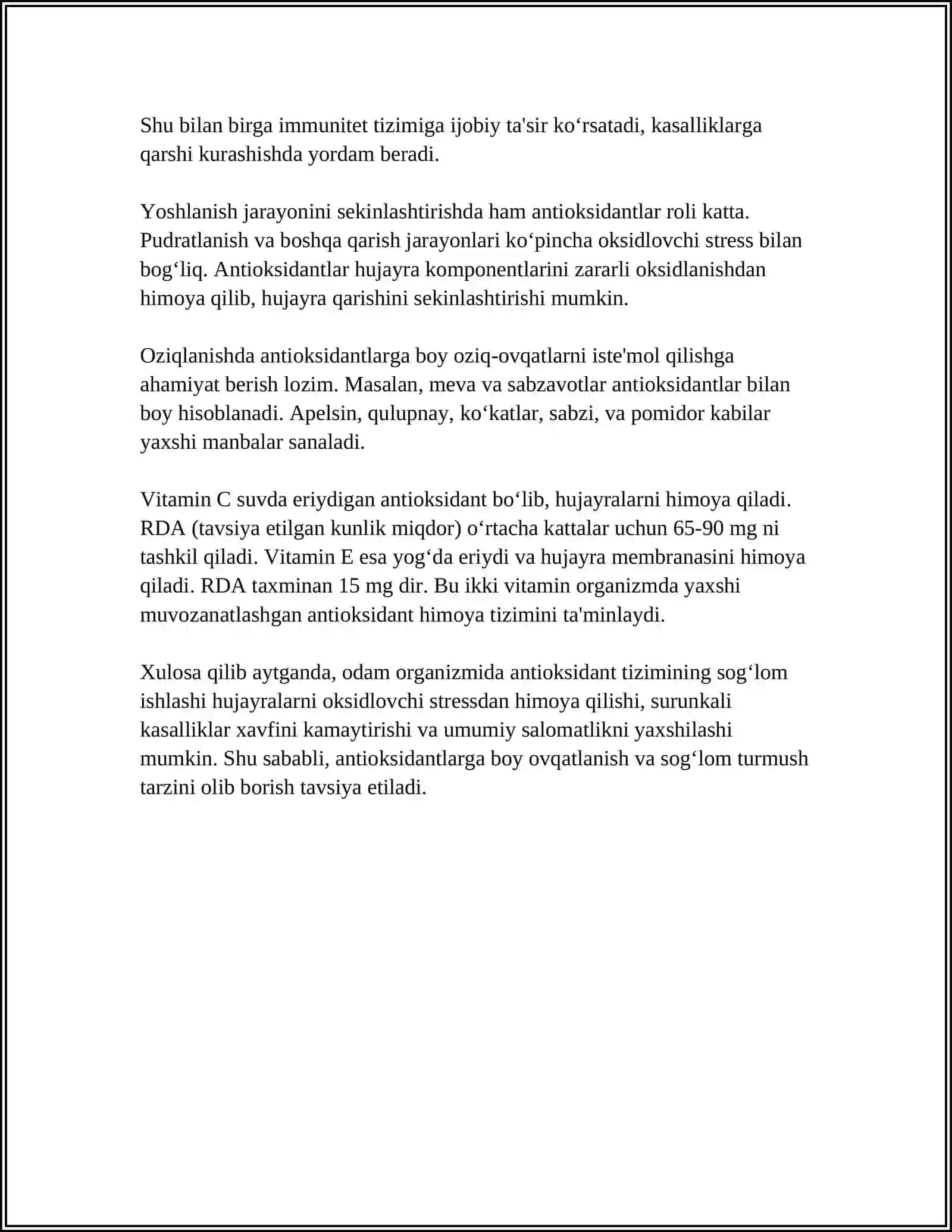 ORGANIMDAGI ANTIOKSIDANT TIZIM. ANTIOKSIDANT XUSUSITAYGA EGA BO'LGAN VITAMINLAR 4