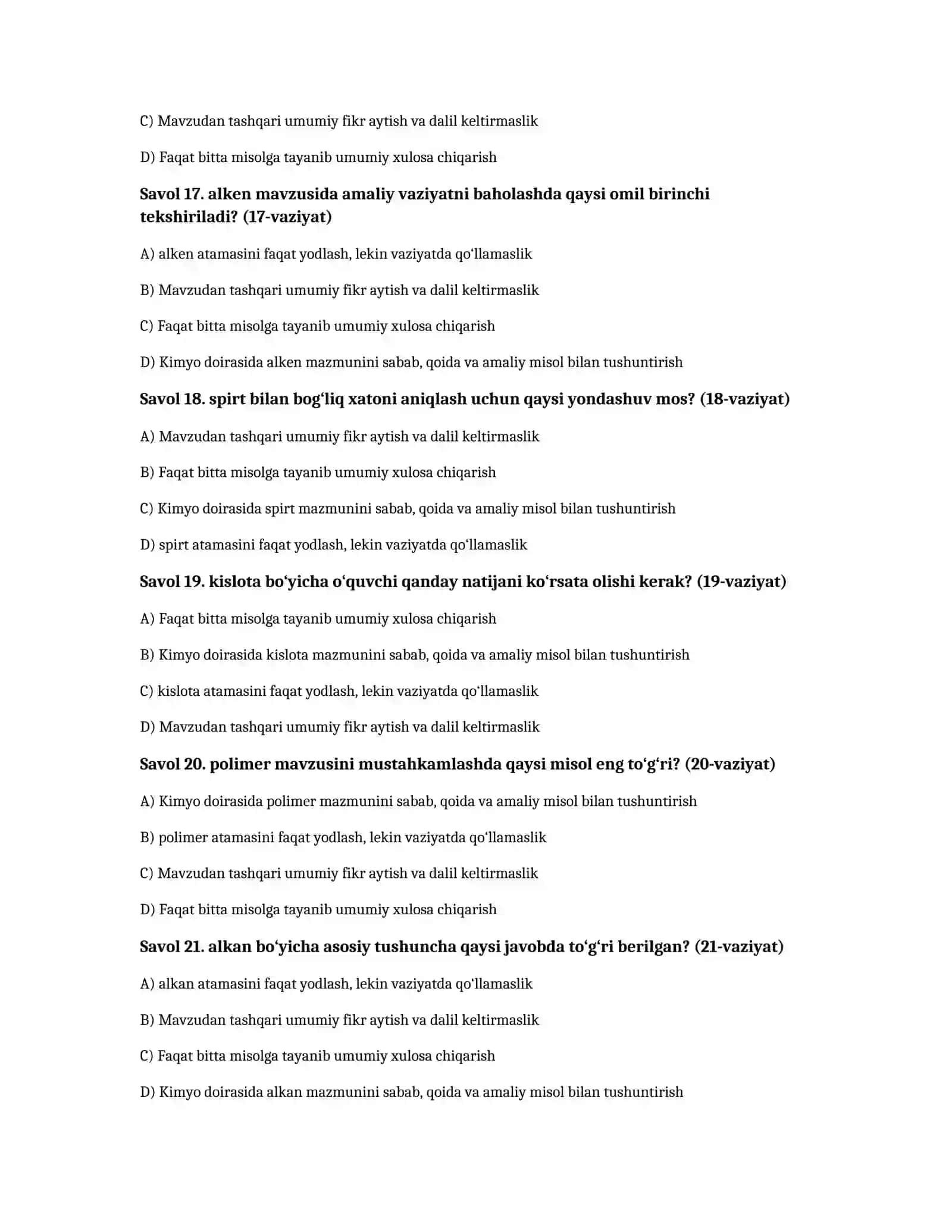 Kimyo: organik birikmalar — 100 test javoblari bilan 4