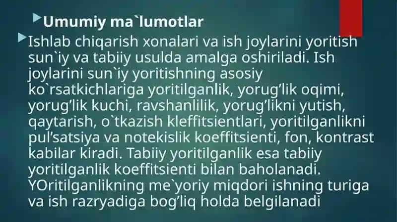 Ishlabchiqarish korxonalarida va inshootlarda tabiiy yorug’likni aniqlash 4