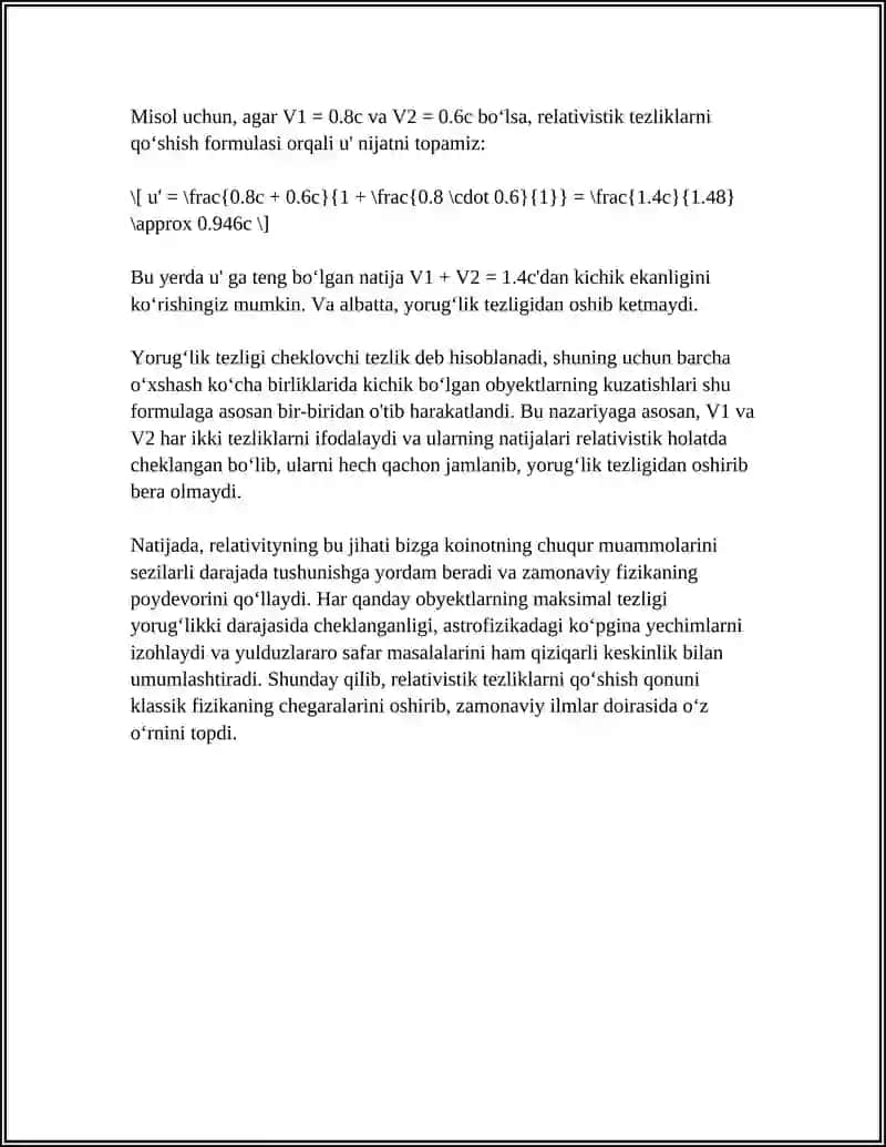 RELYATIVISTIK MEXANIKADA TEZLIKLARNI QO‘SHISH. LORENS ALMASHTIRISHLARINING HARAKAT TENGLAMASI BILAN INVARIANTLILIGI 4