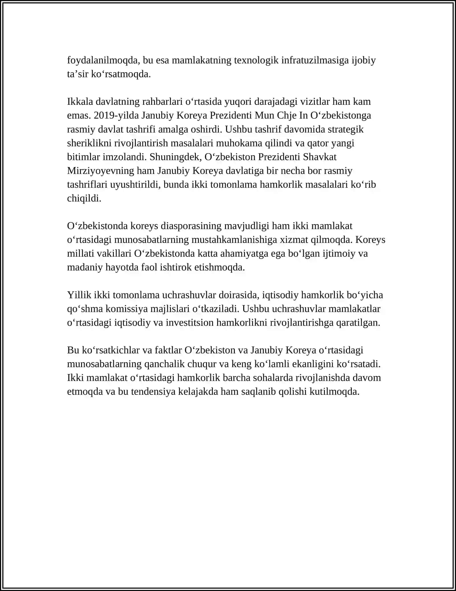 MUSTAQILLIK YILLARIDA O`ZBEKISTONNING JANUBIY KAREYA BILAN XAMKORLIK ALOQALARI 4