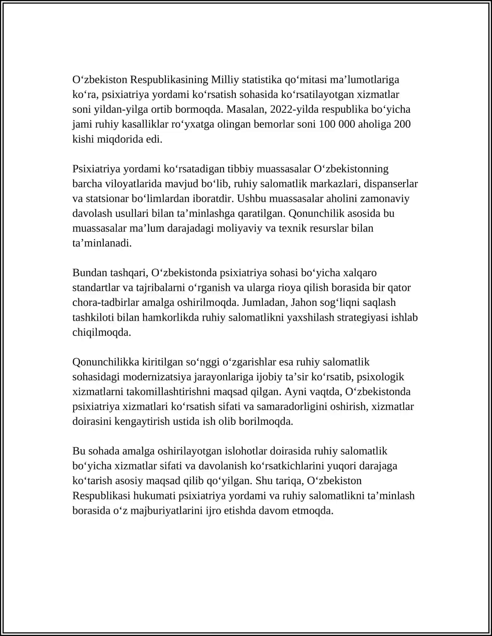 PSIXIATRIK YORDAM HAQIDAGI QONUN VA UNI AMALGA OSHIRISHDA FUQAROLAR HUQUQLARI KAFOLATLARI. RUHIY PATOLOGIYALI BEMORLARNI TEKSHIRISH VA TASHXISLASHNI O'ZIGA XOS XUSUSIYATLARI 4