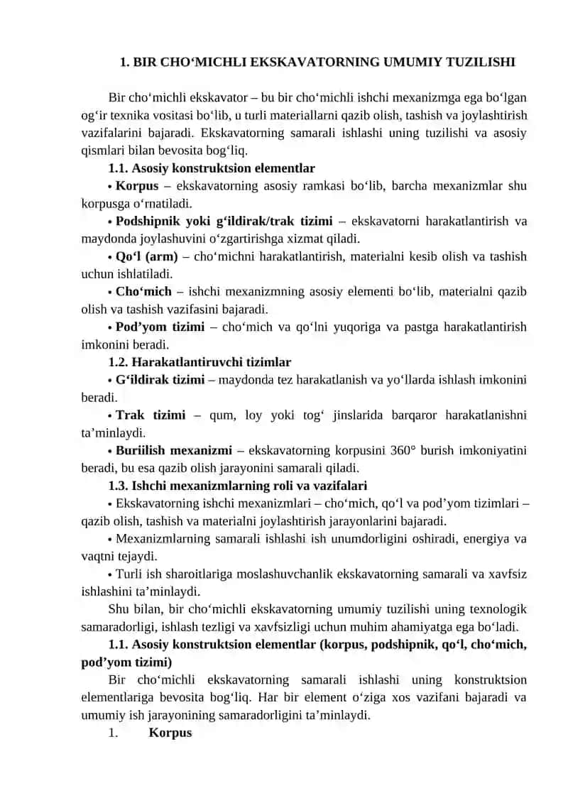 Bir cho'michli ekskavatorlarning ishchi mexanizmlari, ularning turlari va ishlash prinsipi. 4