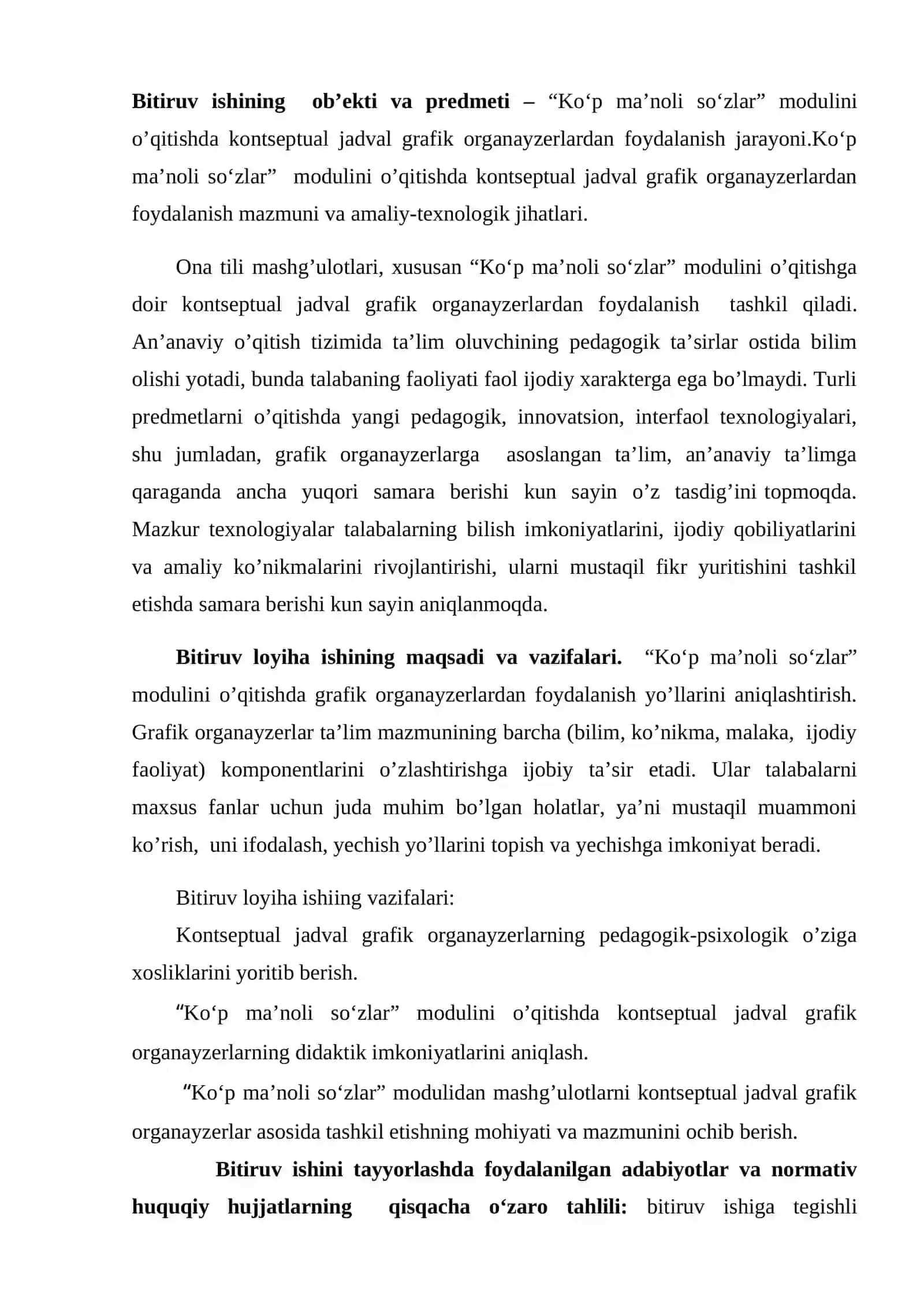 “Ko‘p ma’noli so‘zlar”modulini o‘qitishda kontseptual jadval grafik organayzerlardan foydalanish” mavzusidagi BITIRUV ISHI 4