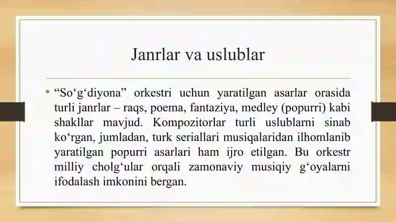 O'zbek kompozitorlarining “So'g'diyona” orkestri uchun yaratgan maxsus asarlari. 4