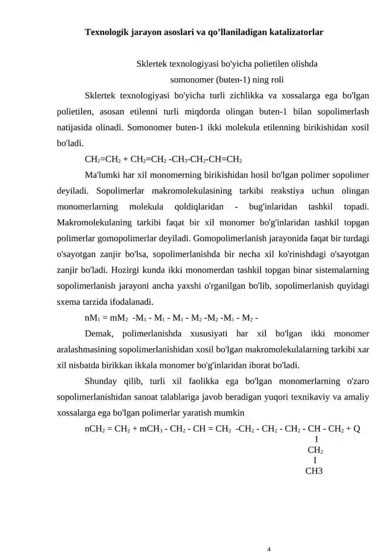 Sklertek texnologiyasi bo‘yicha F-Y240 markali polietilen ishlab chiqarishdagi reaktorlar bo‘limini loyixasi (Q=130000 t) 4