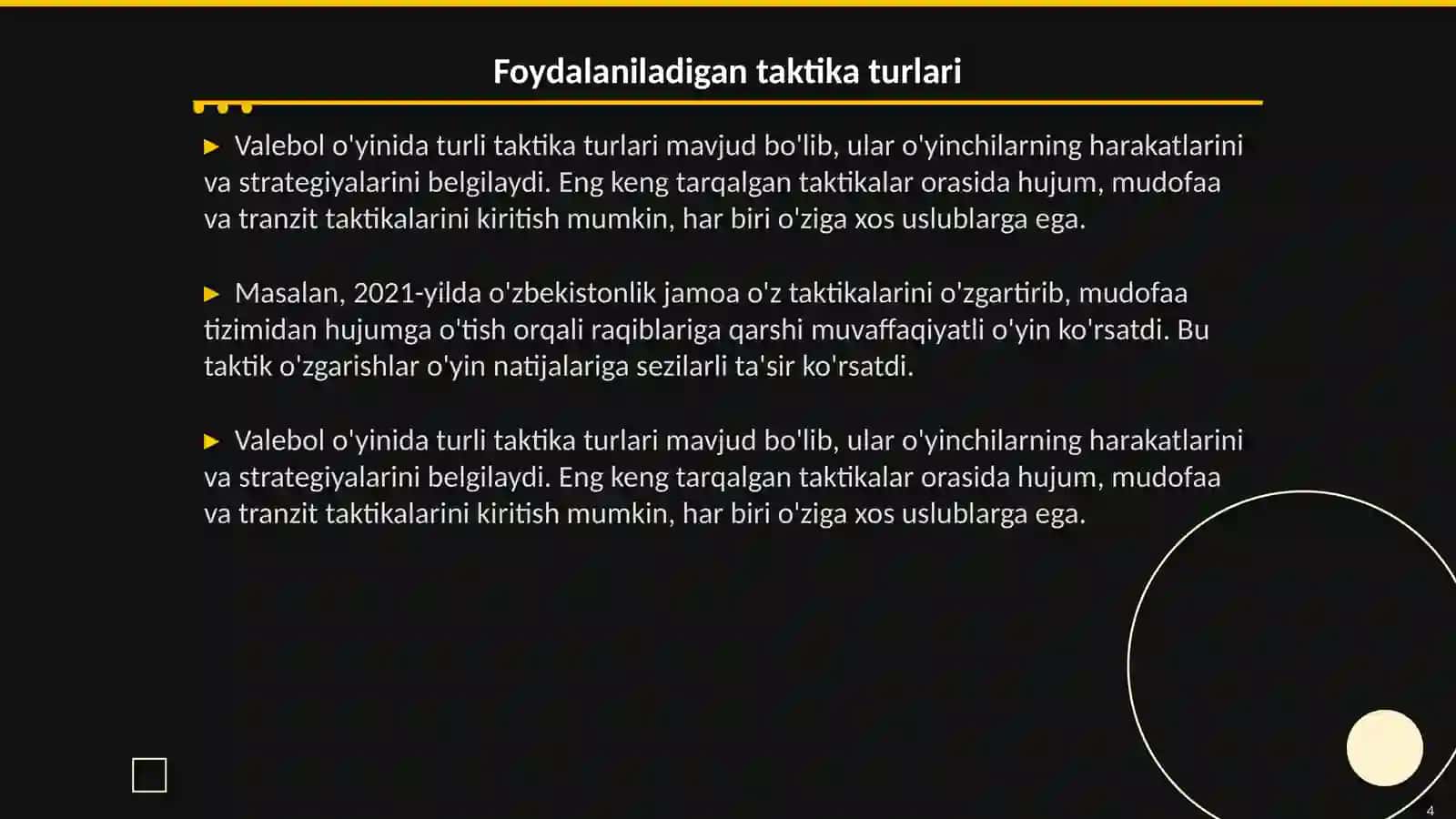 Valebol o'yin texnikasi va taktikasi tasnifi 4