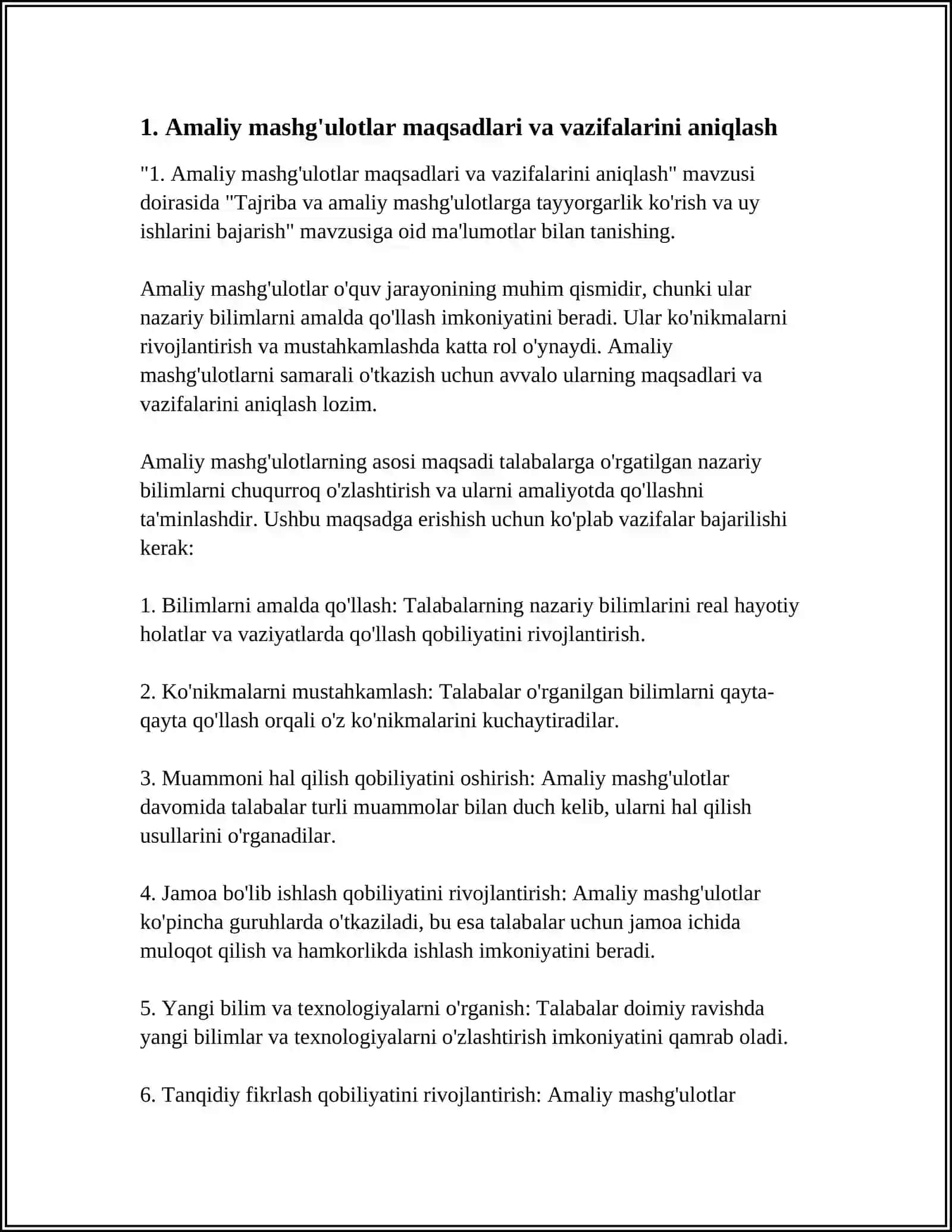 Tajriba va amaliy mashg'ulotlarga tayyorgarlik ko'rish va uy ishlarini bajarish 4