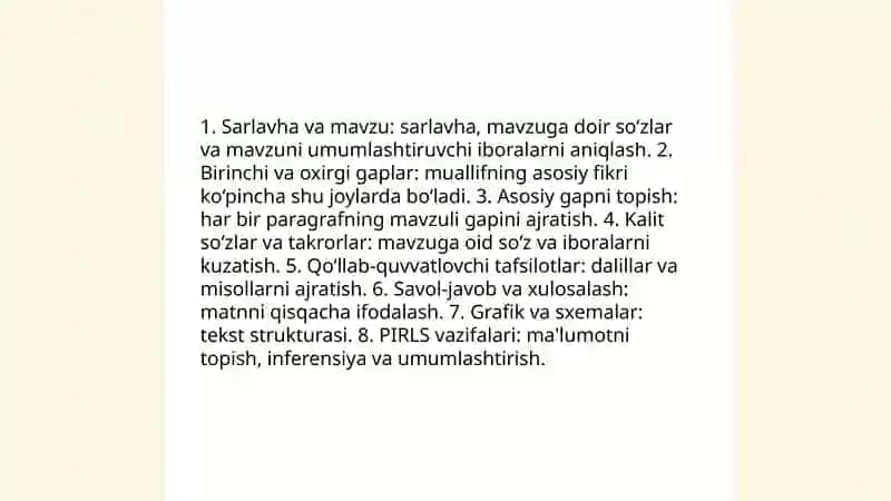 PIRLS topshiriqlari asosida ona tili va oʻqish savodxonligi darslarida berilgan matnlarni tahlil qilish 4
