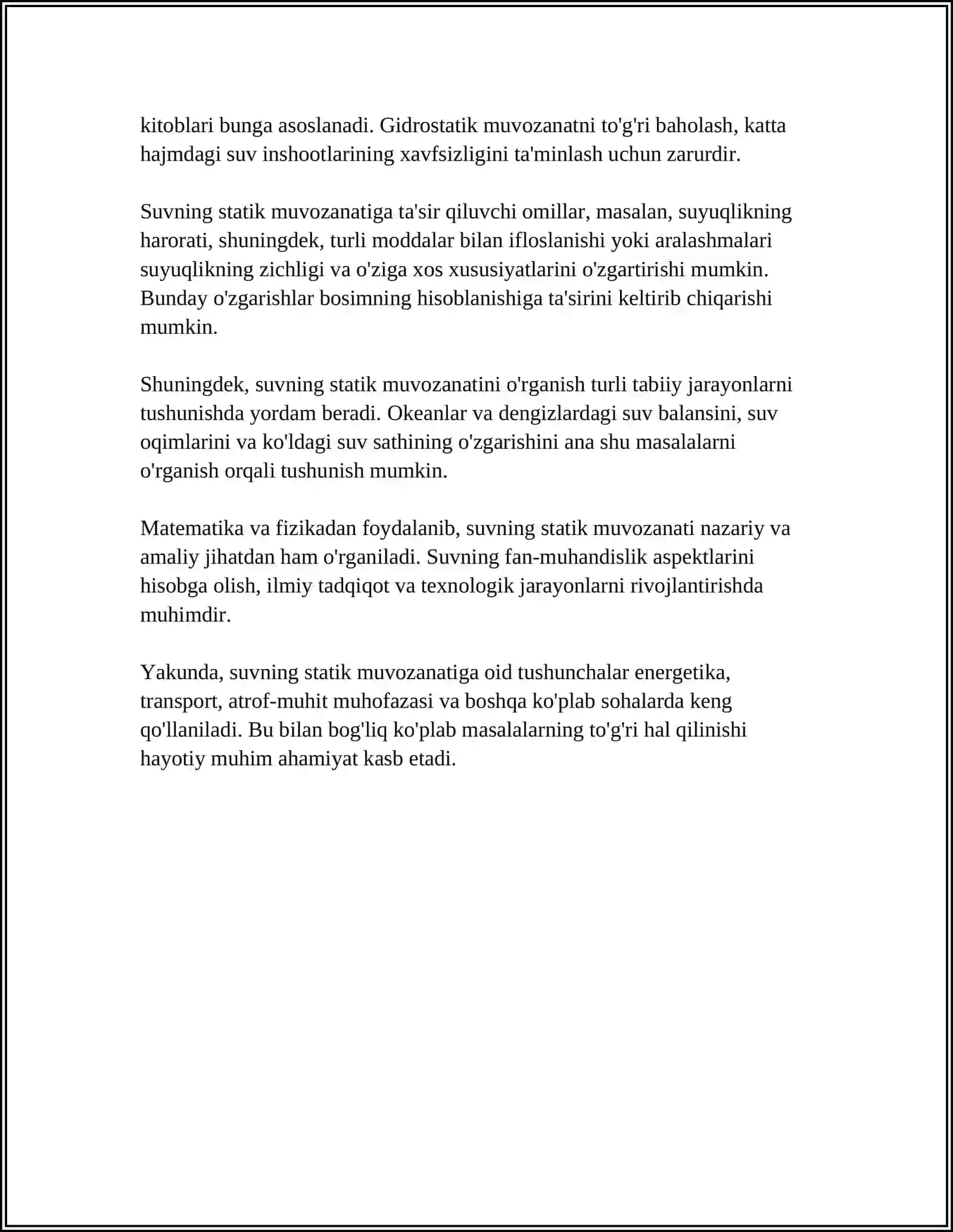 SUYUQLIKLARNI MUVOZANAT HOLATIGA, GIDROSTATIKANING ASOSIY TENGLAMASI 4