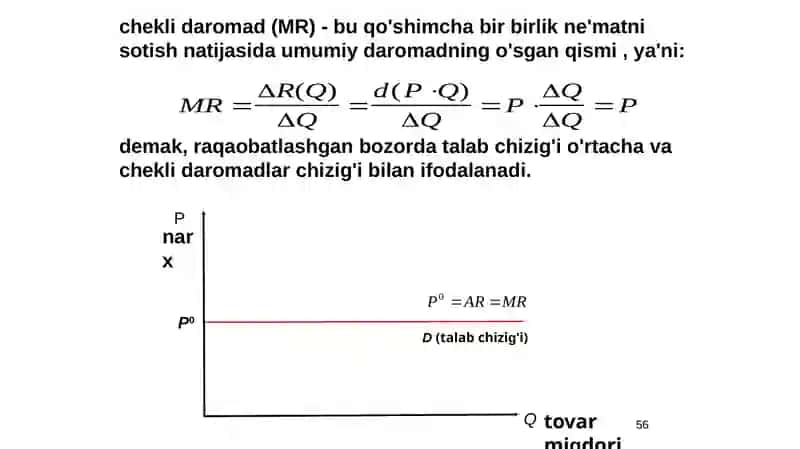 Raqobatlashgan bozorda, qisqa muddatli oraliq da firma foydasini maksimallashtirish va uning taklifi 4