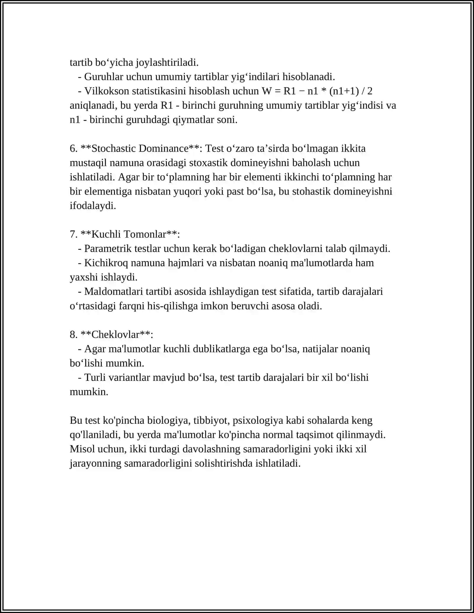 KRITIK TO‘PLAMLAR TUZISH. VILKOKSON-MANN-UITNI KRITERIYSI VA UNI QO‘LLASH 4