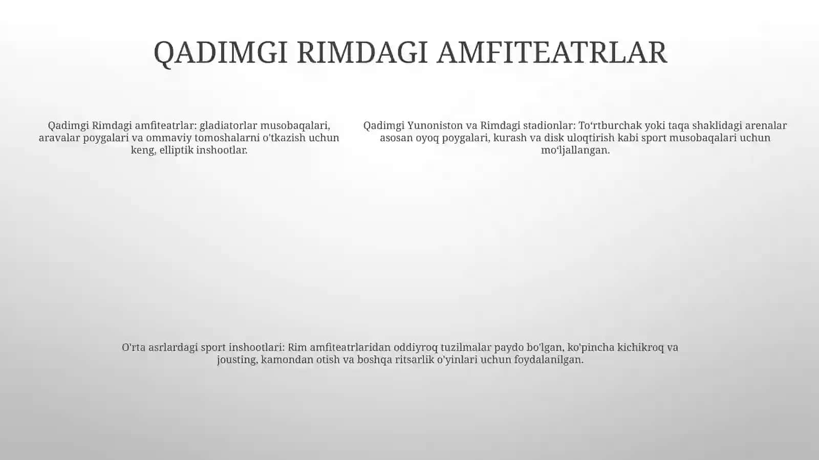 Qadimdi Gretsiya Va Rim Davlatlarida O'Yingohlarni (Stadionlarni) Asosiy Tavsifi,O'Rta Asrlarda Sport Inshoatlari Va Xxi Asrlarda Sport Inshoatlari 4