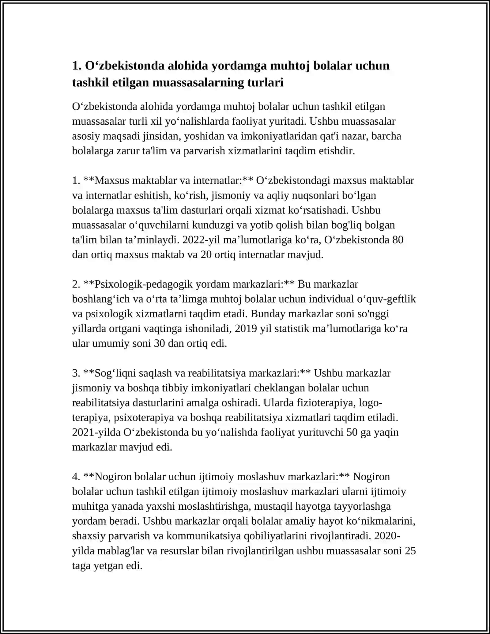Oʻzbekistonda Alohida Yordamga Muhtoj Bolalar Uchun Tashkil Etilgan Muassasalar va Ularning Faoliyati 4