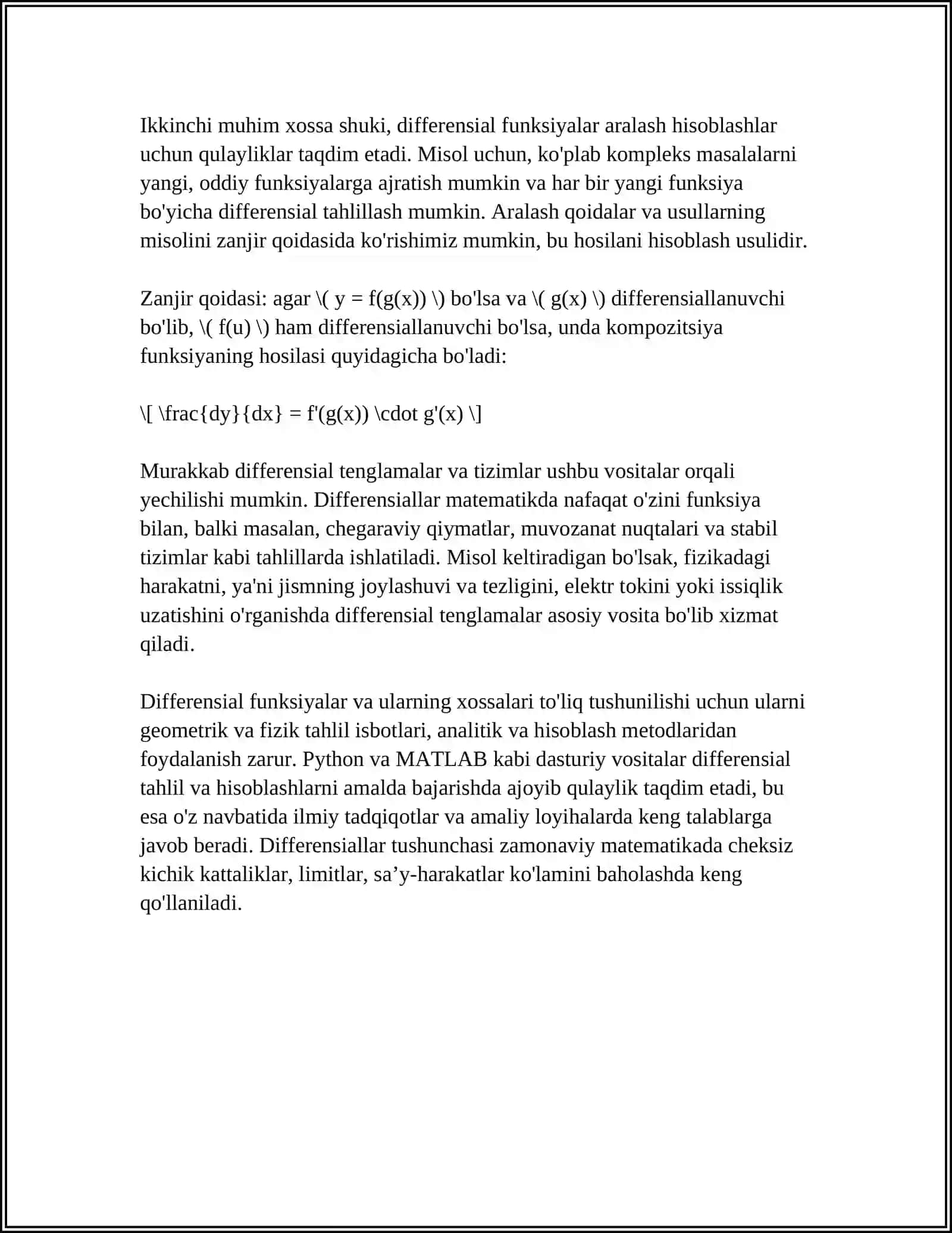 DIFFERENSIAL FUNKSIYALAR HAQIDA BAʼZI BIR TEOREMALAR. EGRI CHIZIQQA URINMA VA NORMAL TENGLAMASI. LOPITAL QOIDASI 4