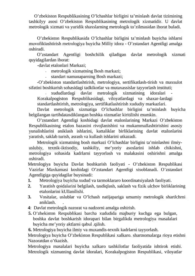METROLOGIYA SOHASIDA ISHLATILADIGAN BIRLIKLAR, O’LCHASH VOSITALARI VA STANDART NAMUNALARI USTIDAN TEKSHIRUV NAMUNALARINI OLIB BORISH 4