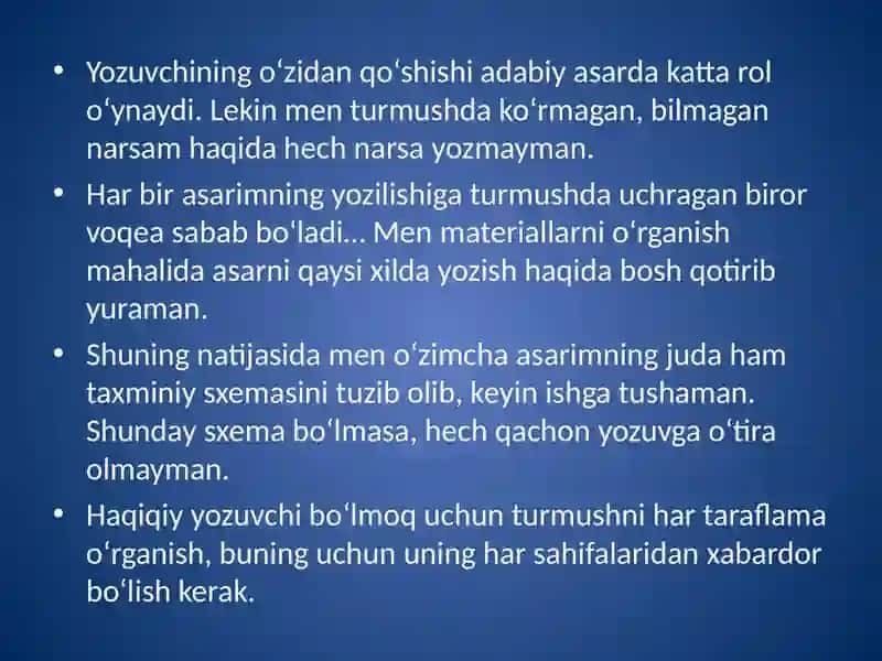 Taqdimot. 10-sinf Adabiyotida  Abdulla Qodiriy hayoti va ijodini o'rgatishda grafik organayzerlardan foydalanish 19 bet 4