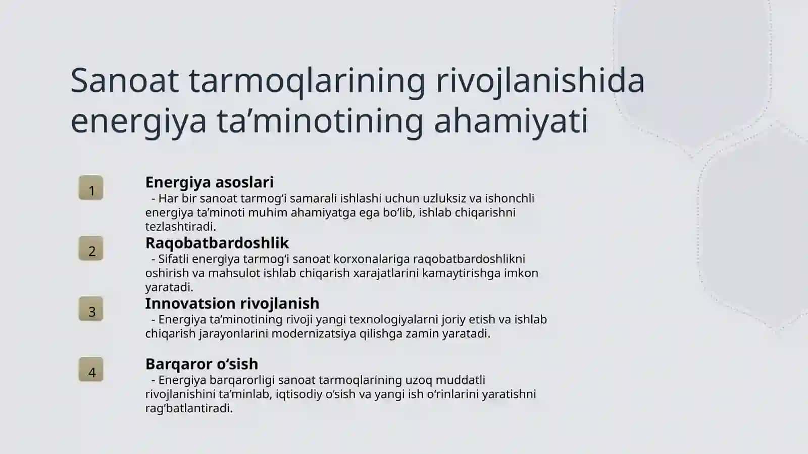 Enetgetika sektorining tarmoqlar iqtisodiyotidagi ro'li 4