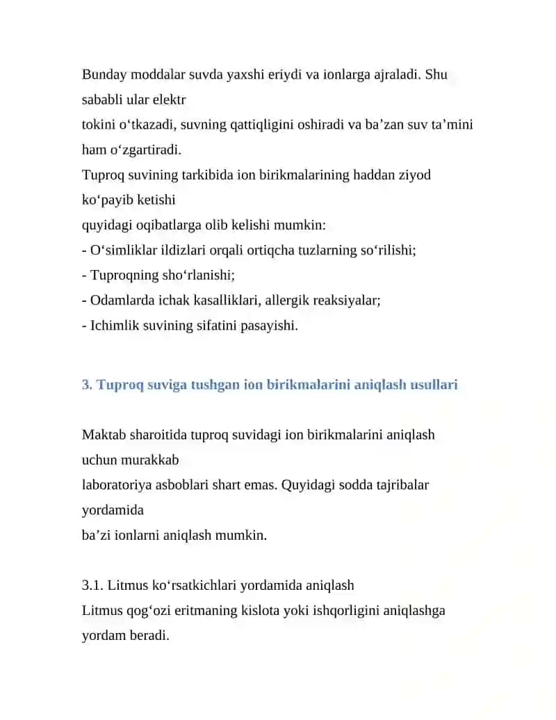 Tuproq suvining ifloslanishida ion bog'lanishli birikmalarni aniqlash va ularni tozalash 4