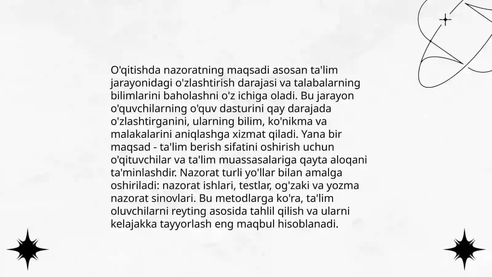 Nazorat turlari, metodlari va shakllari. O’qitish natijalarini tekshirishda test nazoratining o’rni 4
