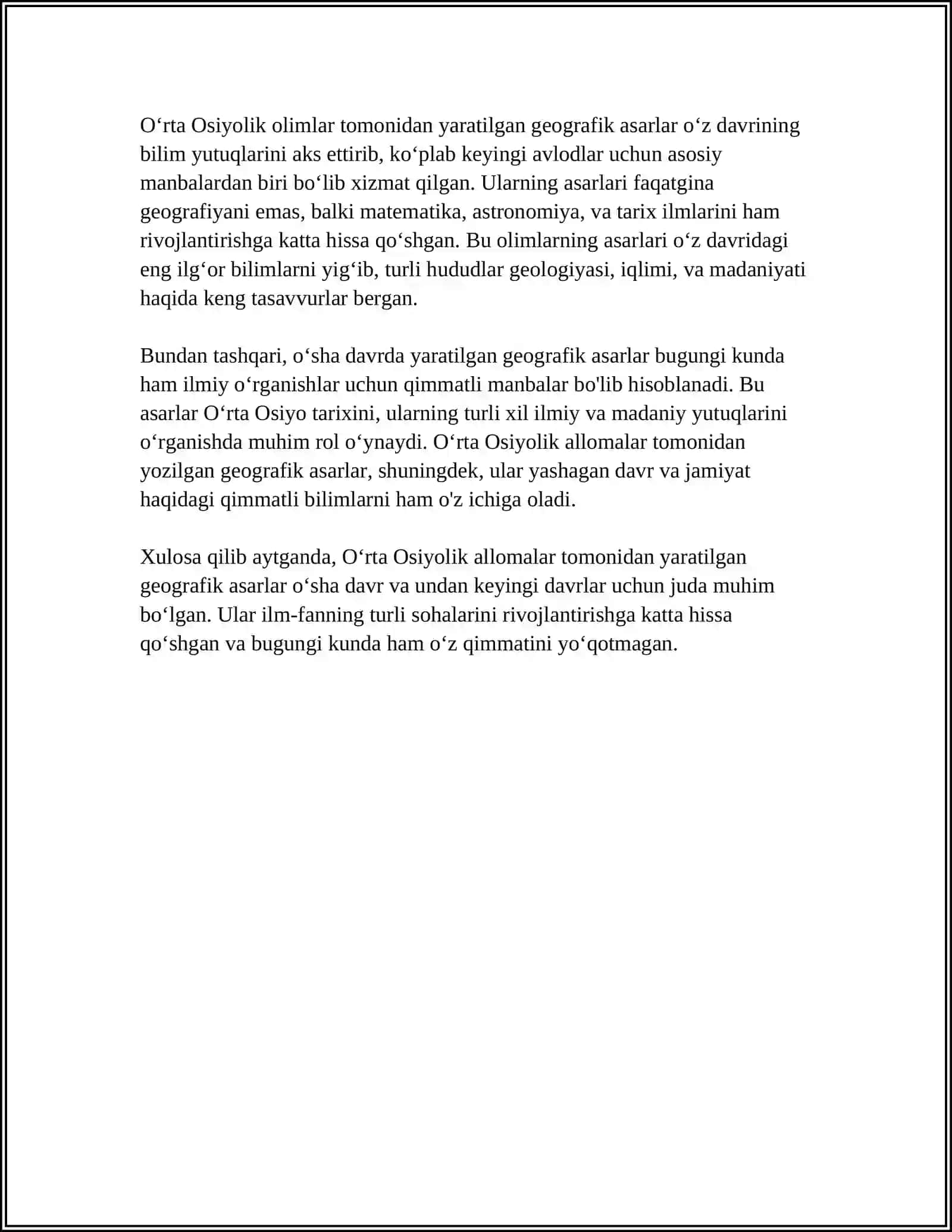 OʻRYA OSIYO ALLOMALARINING TARIXIY-GEOGRAFIK ASARLARI VA ULARNING ASOSIY MAZMUNI HAQIDA MAʼLUMOT 4