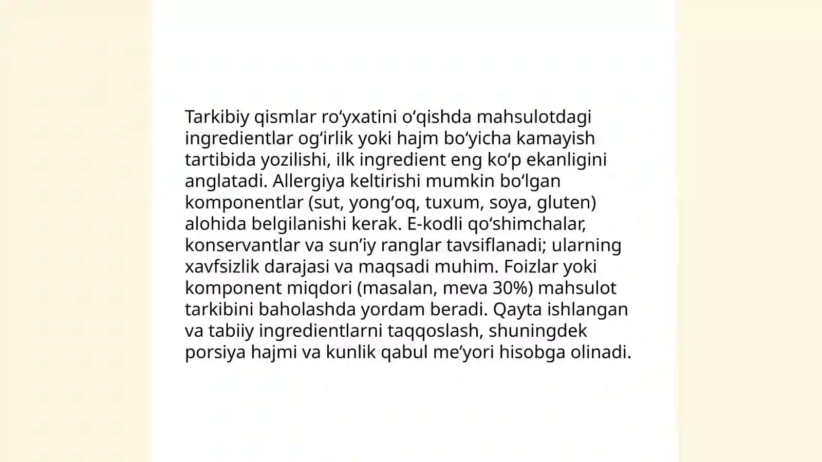 oziq-ovqat mahsulotlarining tarkibi, foydali va zararli xususiyatini yorliqlari orqali organish 4