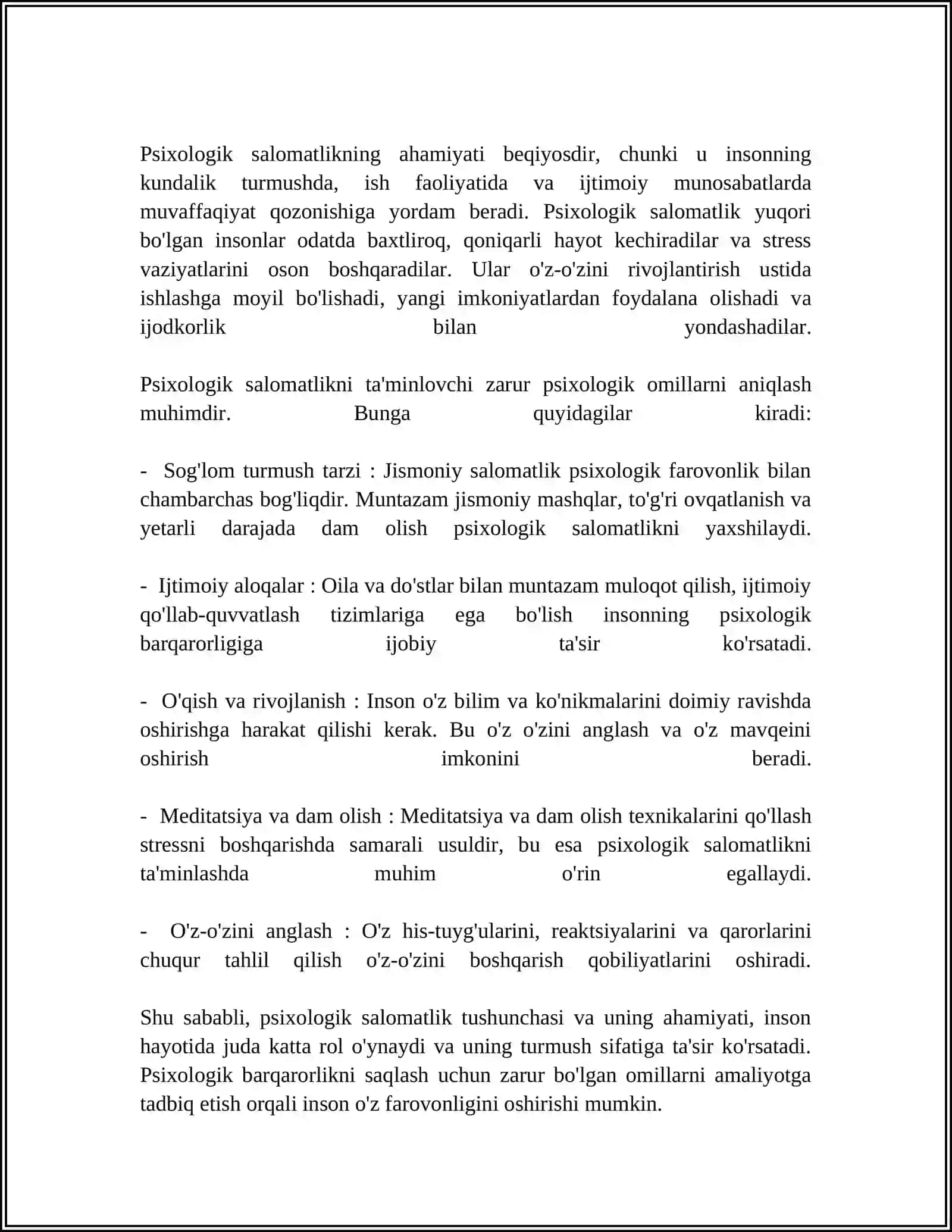 SHAXSIY SALOMATLIKNI TA"MINLOVCHI ZARUR PSIXOLOGIK OMILLAR. PSIXOLOGIK SALOMATLIK MEZONLARI 4