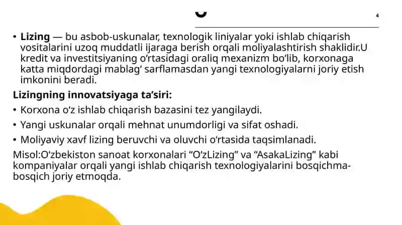 Innovatsiyalarni moliyalashtirishning maxsus shakllari (lizing, factoring, franchayzing, forfeiting) 4