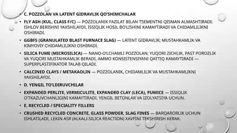 Qurilish qorishmalarini tayyorlash uchun materiallar to'ldiruvchilar, qo'shimchalar. 4