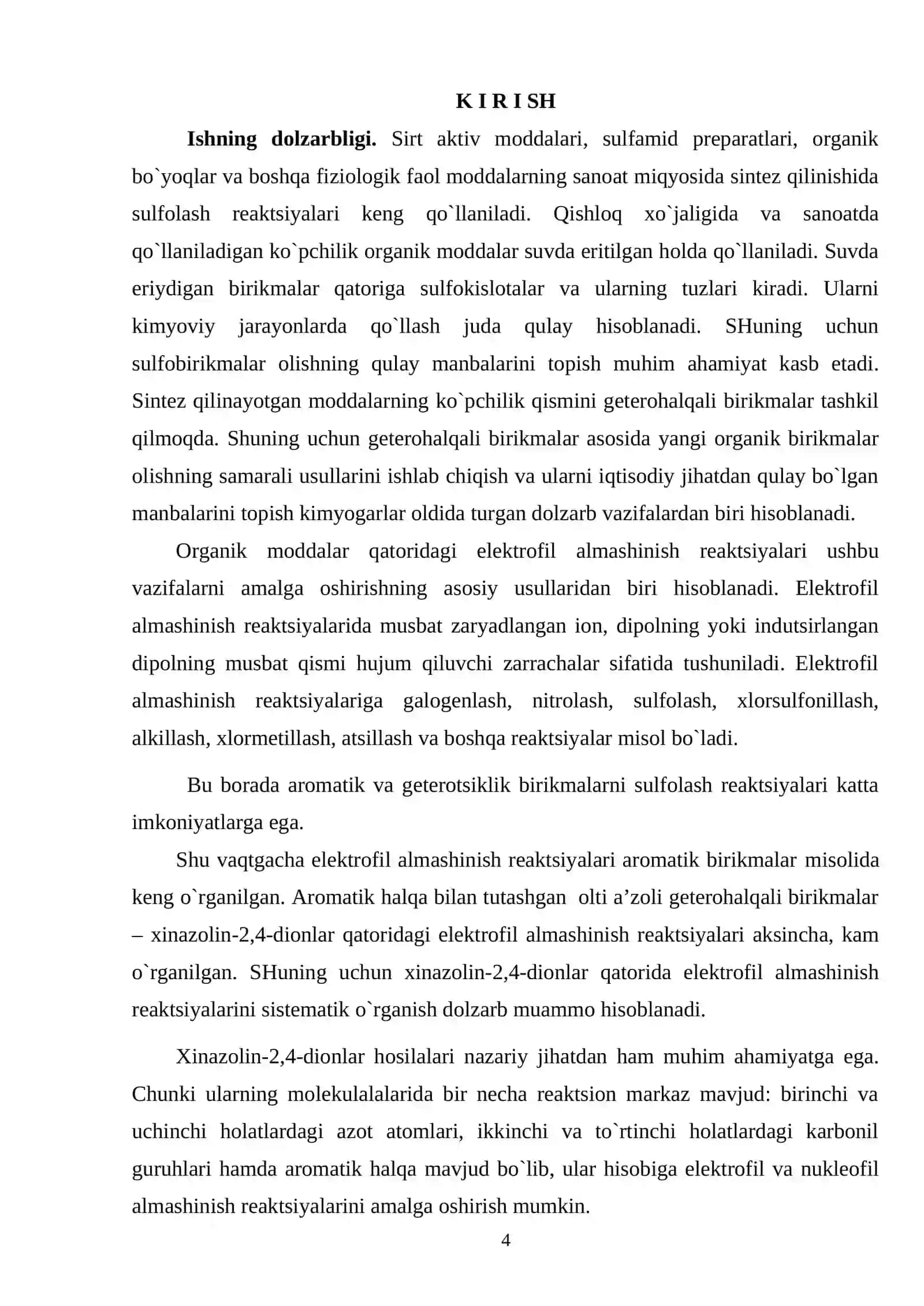 Xinazоlin-2,4-diоnlarni хlоrsulfоn kislоtasi bilan o`zarо ta’sirini o`rganish 4