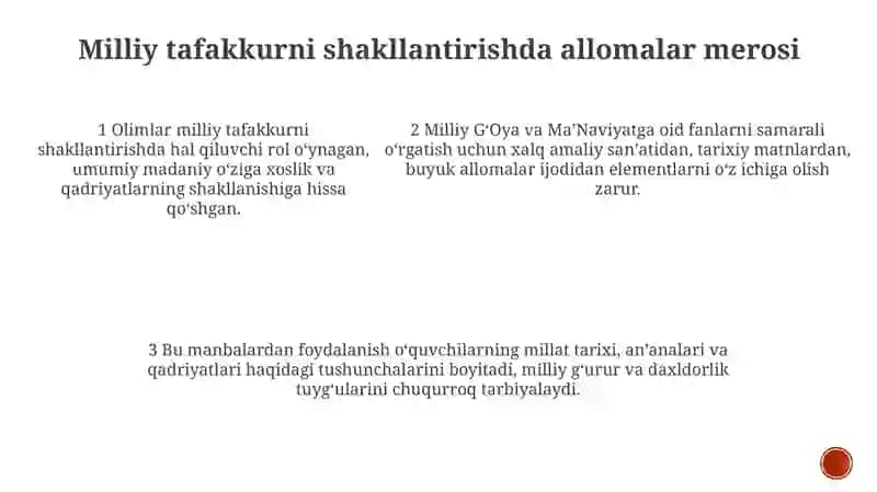 Milliy GʻOya Va MaʼNaviyatga Oid Fanlarni OʻQitishda Xalq OgʻZaki Ijodi Namunalari, Tarixiy Bitiklar, Allomalar Merosi, Badiiy Adabiyotlaridan Foydalanish 4