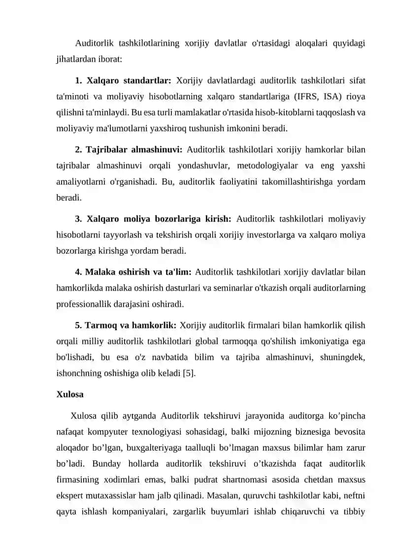 Auditorlik tashkilotlarining o’rni va xorijiy davlatlar o’rtasidagi hamdo’stlik aloqalari 4