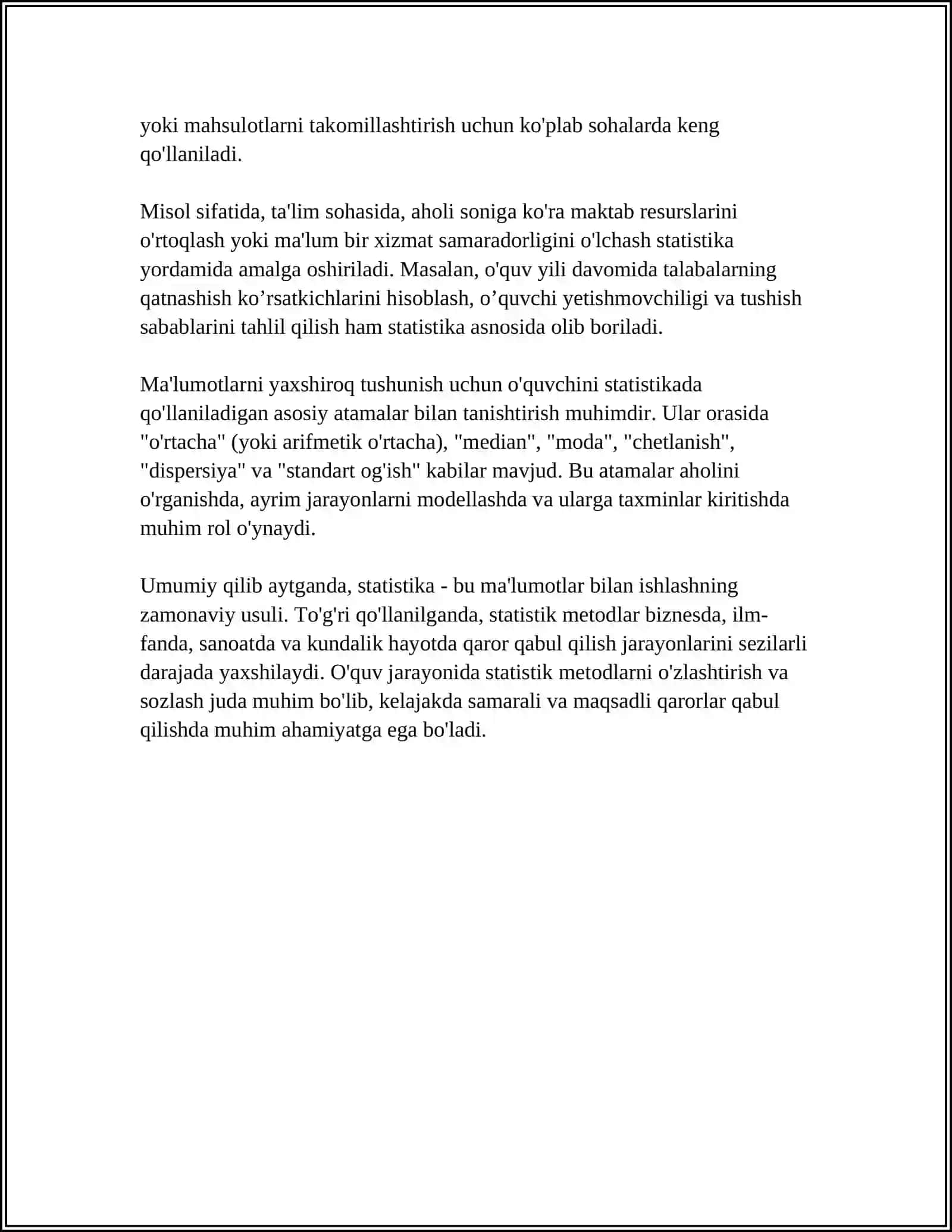 BOSH TO‘PLAM O‘RTACHA MIQDORI UCHUN ISHONCH INTERVALI: STYUDENT (T) STATISTIKASI 4