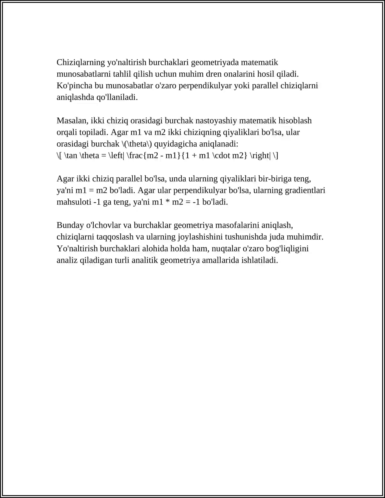 TEKISLIKDA TOʻGʻRI CHIZIQNI YUNALTIRISH BURCHAKLARI TUGRI GEDIZIK MASALA 4