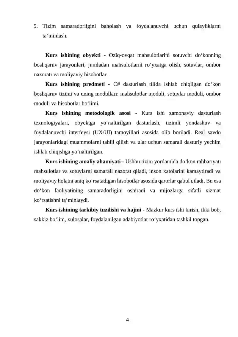C# TILIDA OZIQ-OVQAT MAHSULOTLARINI SOTUVI UCHUN QULAY VA SAMARALI DO‘KON BOSHQARUV TIZIMINI LOYIHALASH 4
