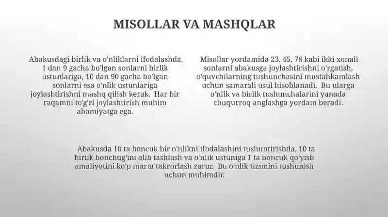 Abakusdagi birliklar va o'nliklarni ifodalash 4