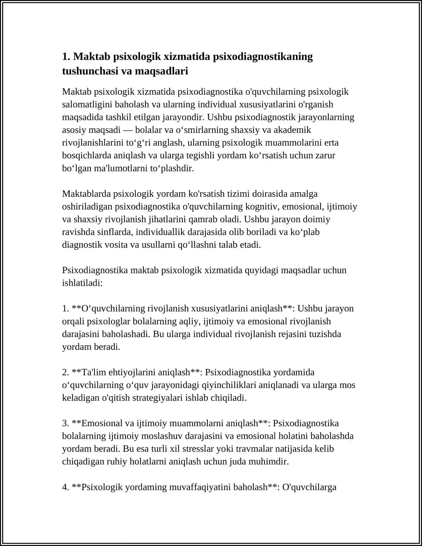MAKTAB PSIXOLOGIK XIZMATIDA PSIXODIAGNOSTIKA. KLINIK PSIXODIAGNOSTIKA 4