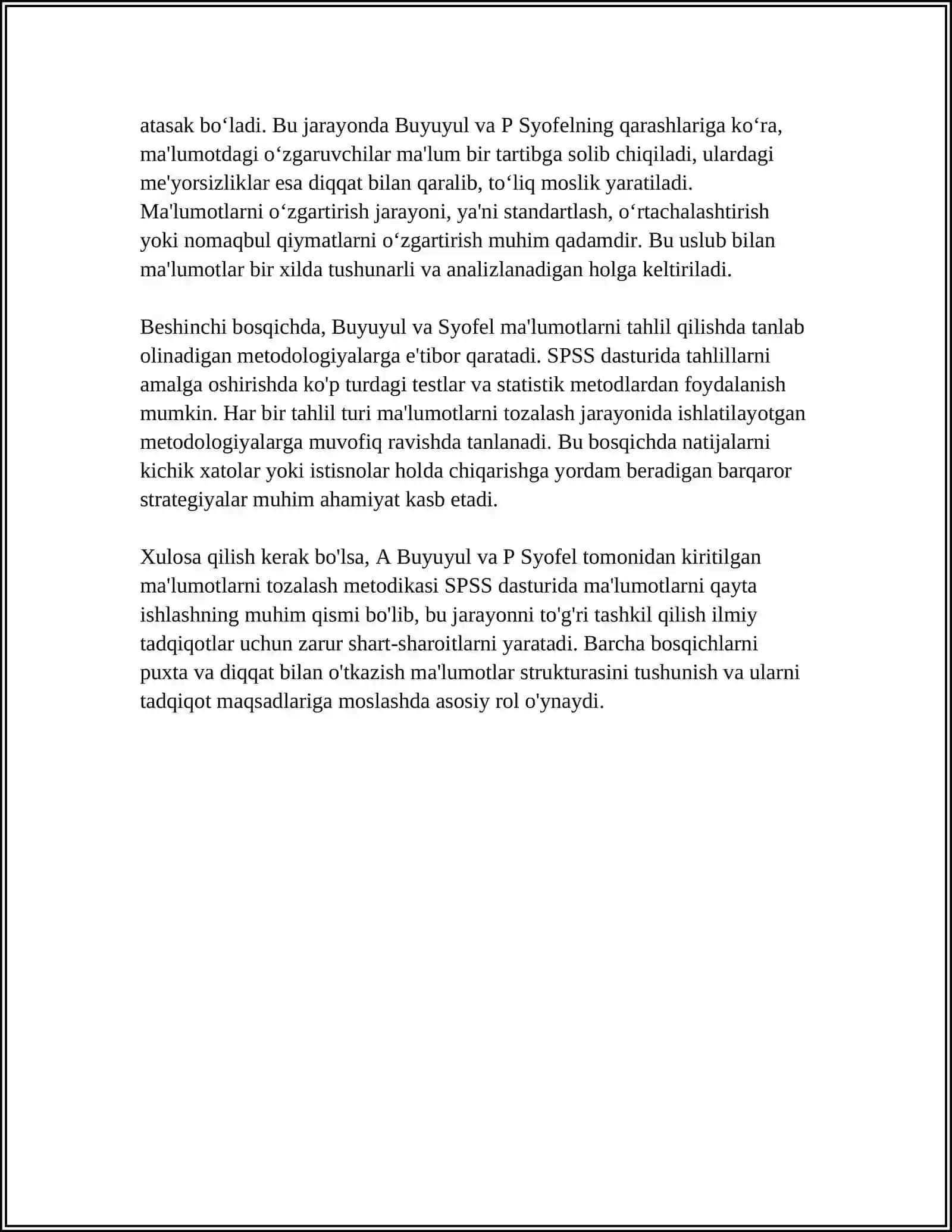 SPSS MA'LUMOTLARNI QAYTA ISHLASH SAN'ATI BUYICHA A BUYUYUL VA P SYOFELNING QARASHLARINI TAHLIL QILISH 4