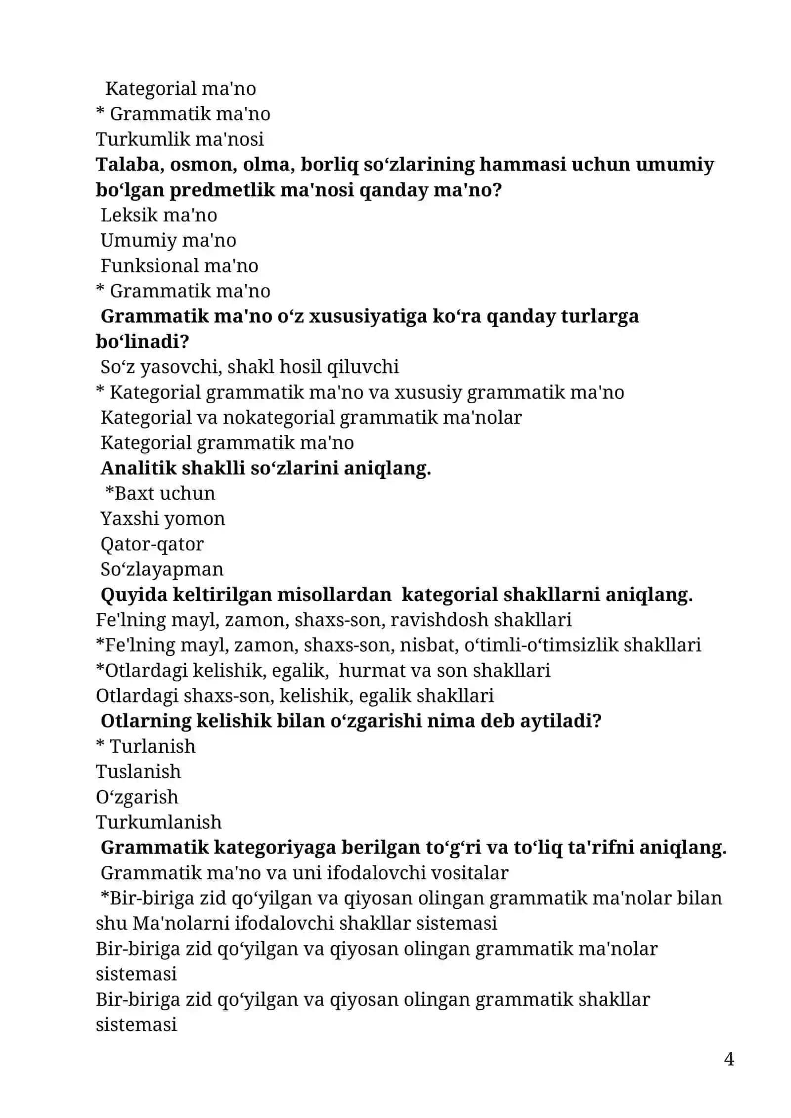 Hozirgi adabiy oʻzbek tili fanidan test savollari 4