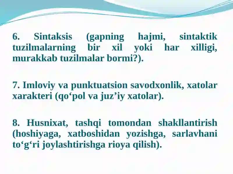 BOG‘LANISHLI NUTQ. OG‘ZAKI HIKOYA VA YOZMA INSHO. O‘QUVCHILAR INSHOSINI TAHLIL QILISH VA UNDAN KEYINGI ISHLAR. NUTQIY XATOLAR VA ULARNI BARTARAF ETISH YO‘LLARI 4